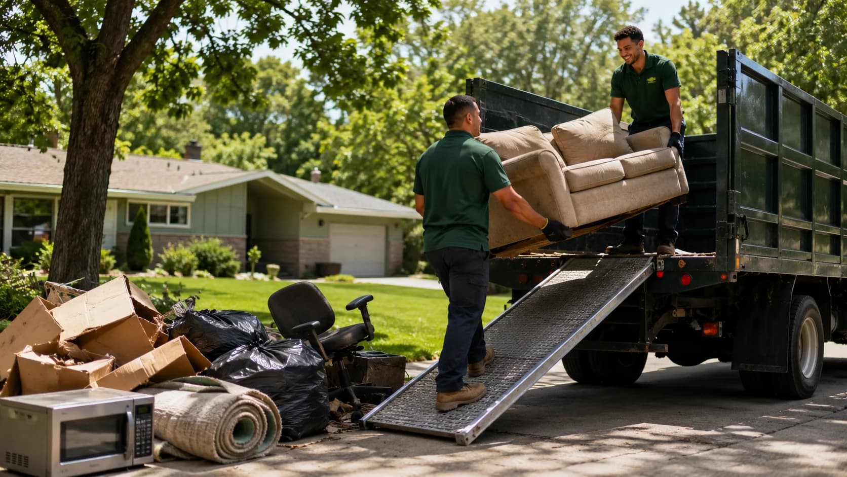 Junk removal crew loading furniture and household items into a truck at a home in Apple Valley, Minnesota